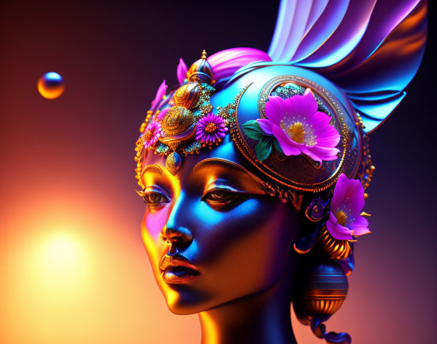 Digital artwork of a woman with blue skin and ornate gold headpiece on warm gradient background