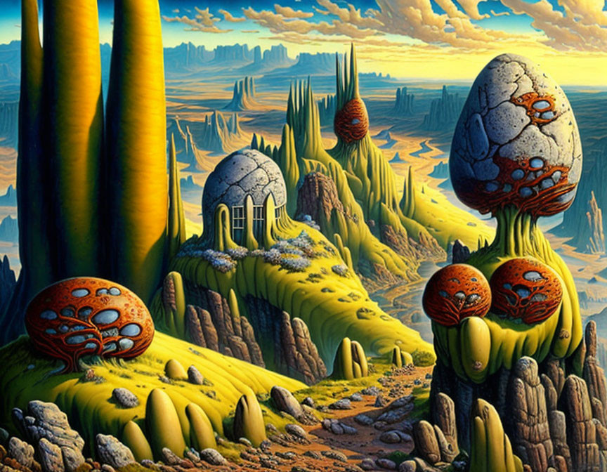 Vibrant surreal landscape with mushroom-like structures and golden spires