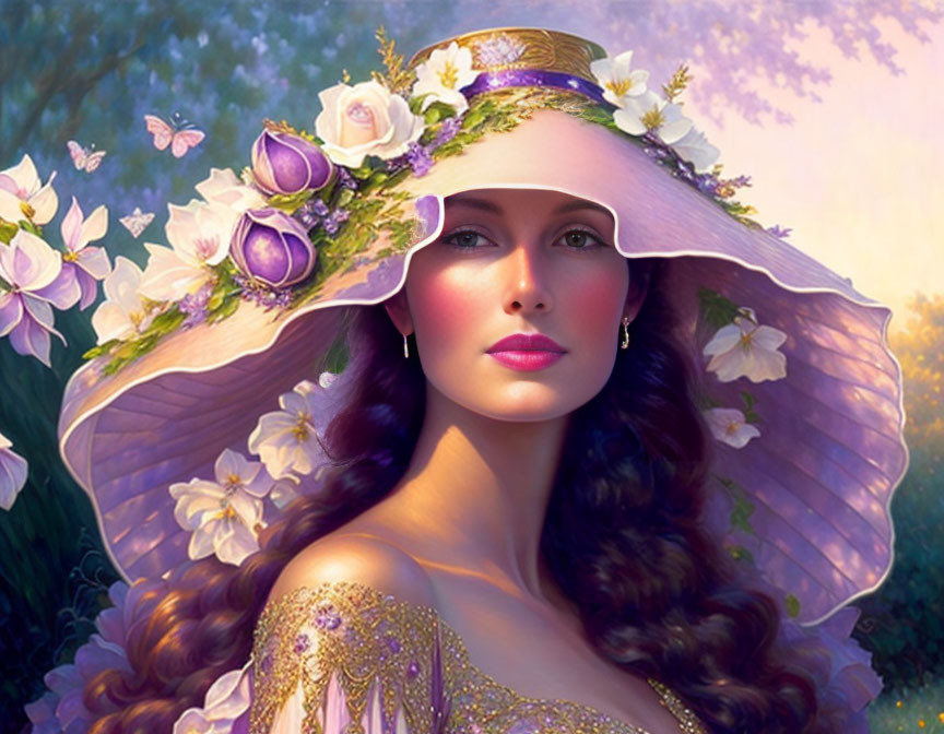 Brunette woman with floral hat in serene setting