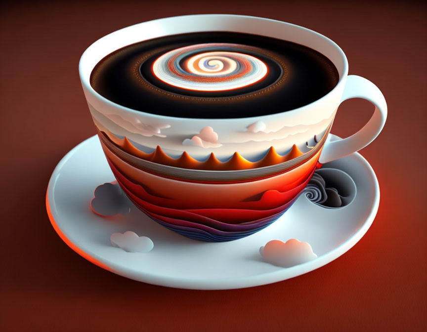 Surreal coffee cup with swirling sunset design and reflective saucer