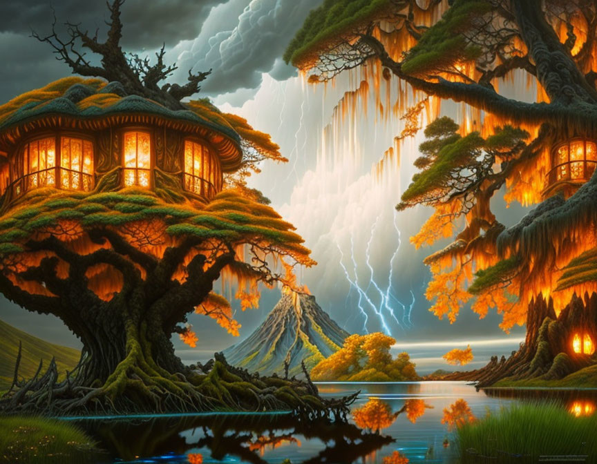 Fantasy landscape: illuminated treehouses, thunderstorm, lightning, calm lake