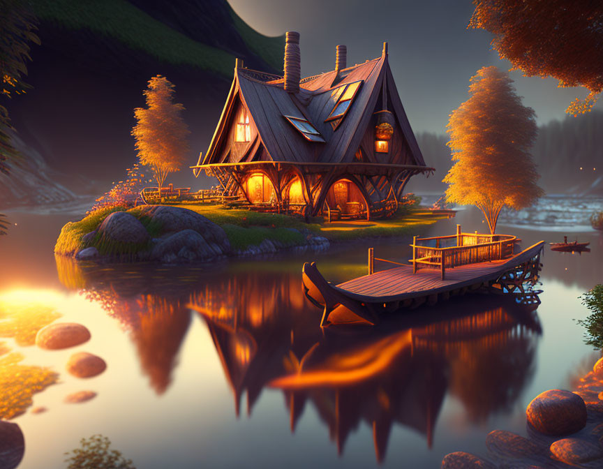 Twilight scene of cozy cottage by serene lake with rowboat