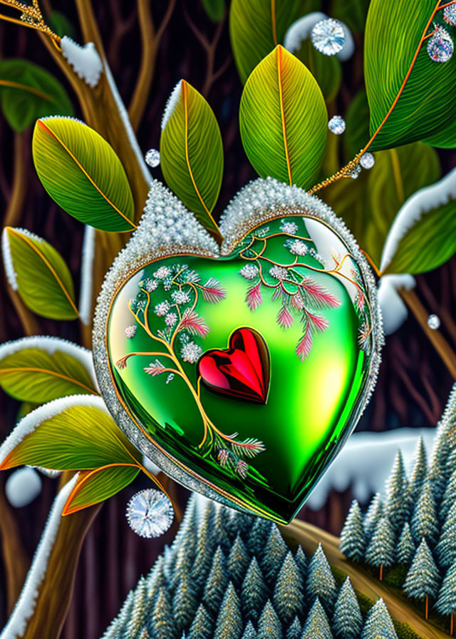 Digital artwork: Heart-shaped pendant with green gemstone and diamonds in nature scene