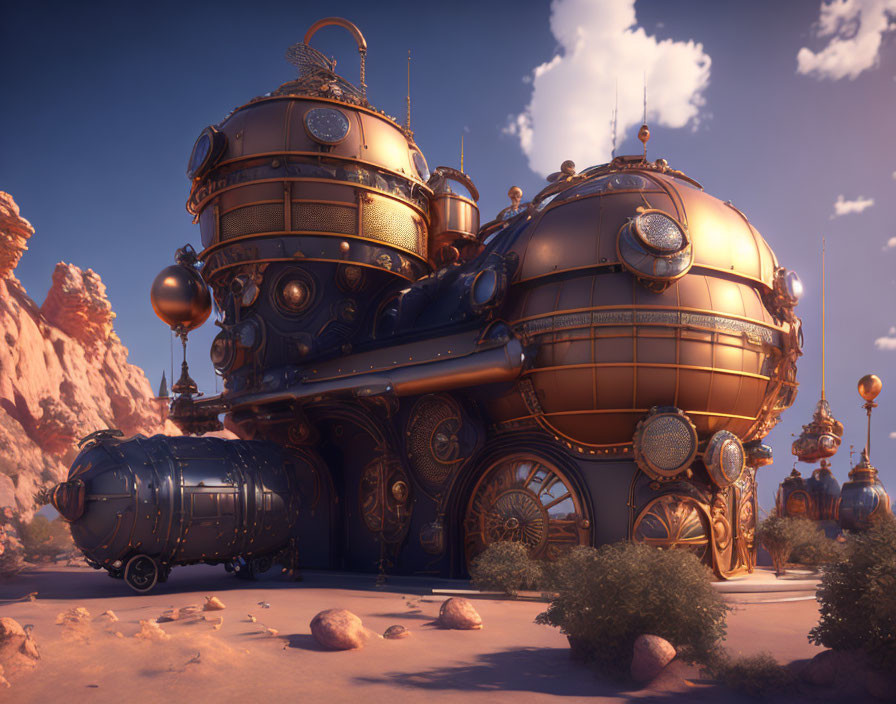 Steampunk-style spherical building in desert with metallic details