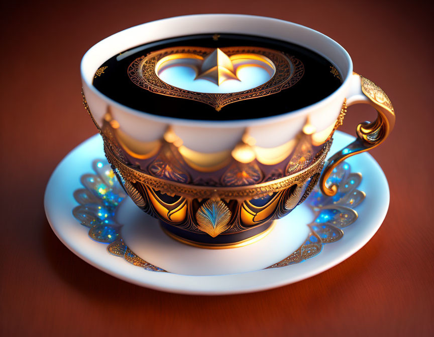 Intricate Decorative Cup and Saucer on Wooden Surface