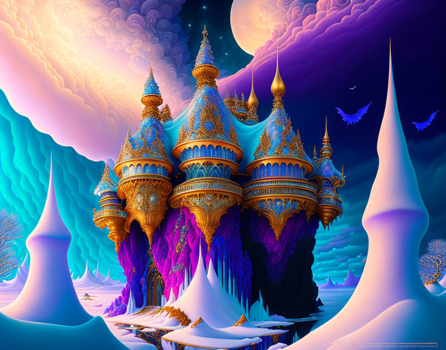 Fantastical castle artwork with ornate spires and whimsical scenery