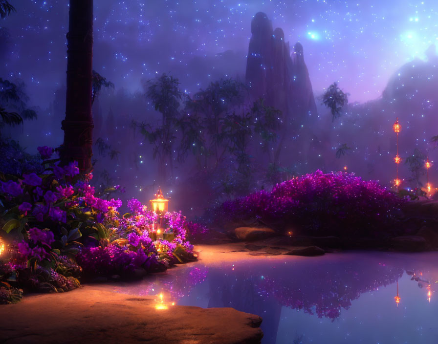 Twilight fantasy landscape with purple flora, ethereal lights, and reflecting pond.