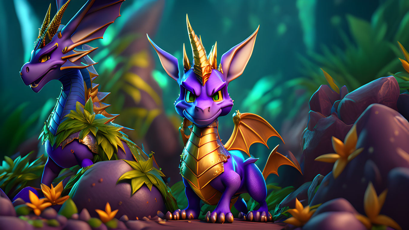 Two colorful dragons with horns and wings in a lush fantasy environment