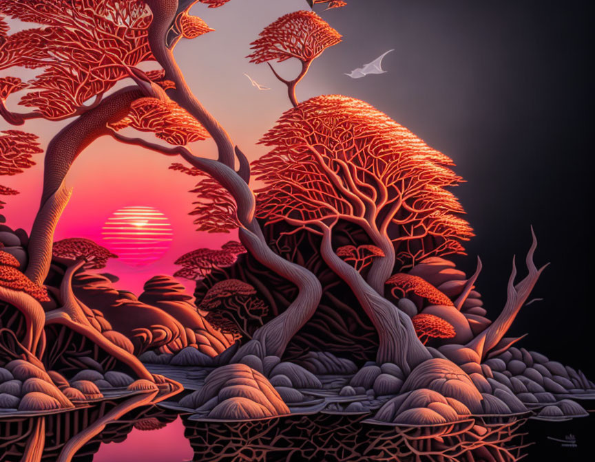 Stylized artwork of coral-like trees with pink sunset and flying bird