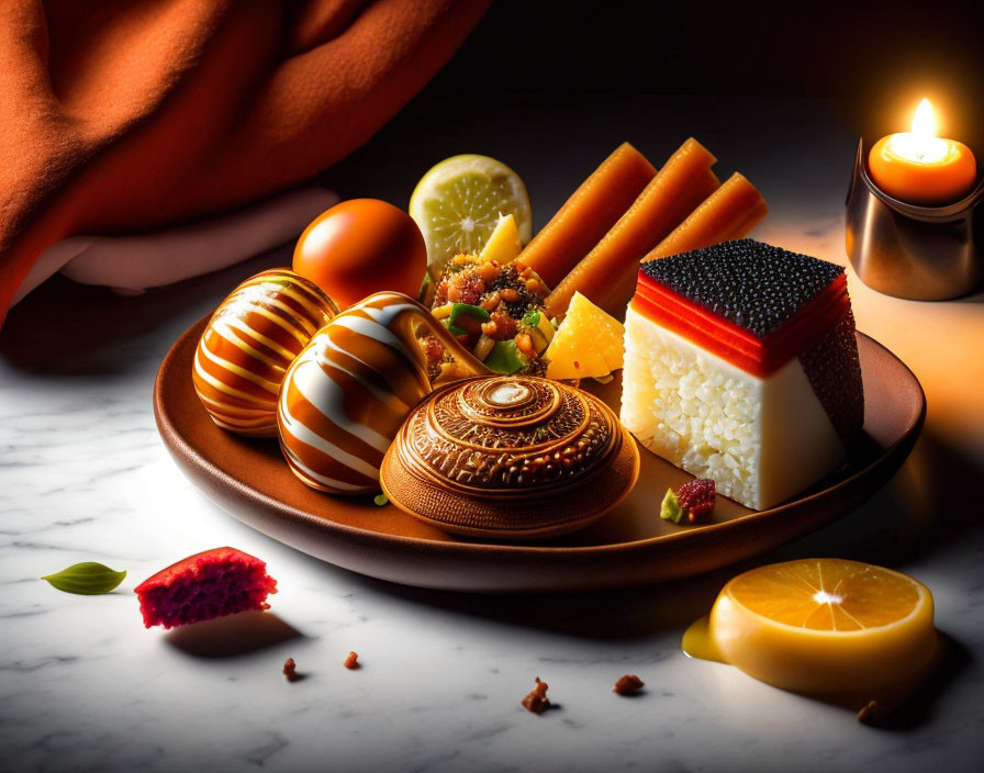 Luxurious Chocolate Truffles and Colorful Desserts on Plate with Citrus Accents