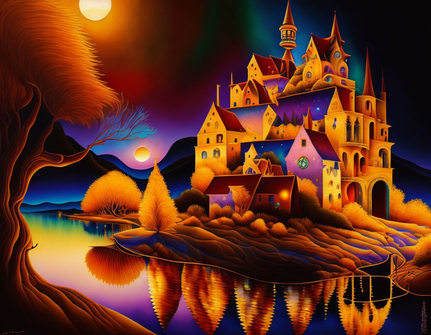 Colorful castle painting with lake, trees, and full moon