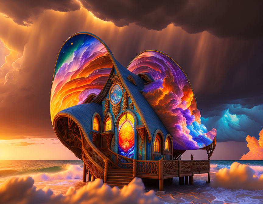 Surreal fantasy scene: Shell-like structure, stained-glass windows, person on balcony, dramatic