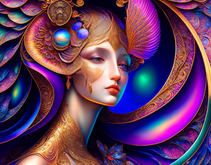 Colorful Fantasy Woman Illustration with Ornate Jewelry and Swirling Background