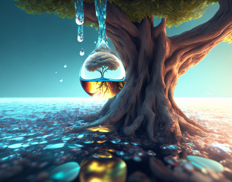 Surreal image of tree with water droplet and miniature tree in dreamlike landscape