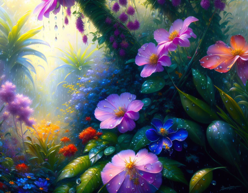 Lush Garden Digital Painting with Dewy Flowers in Mystical Light