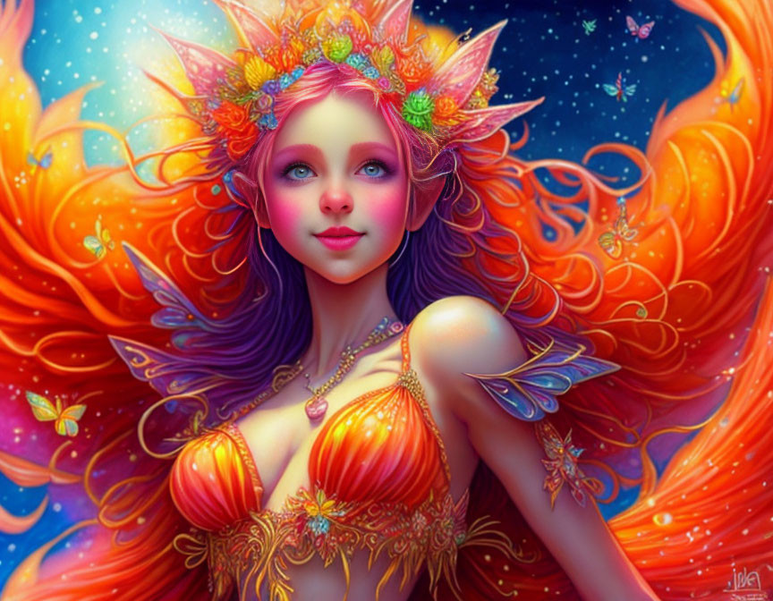 Colorful Fantasy Art: Female Figure with Flowing Hair and Flowers