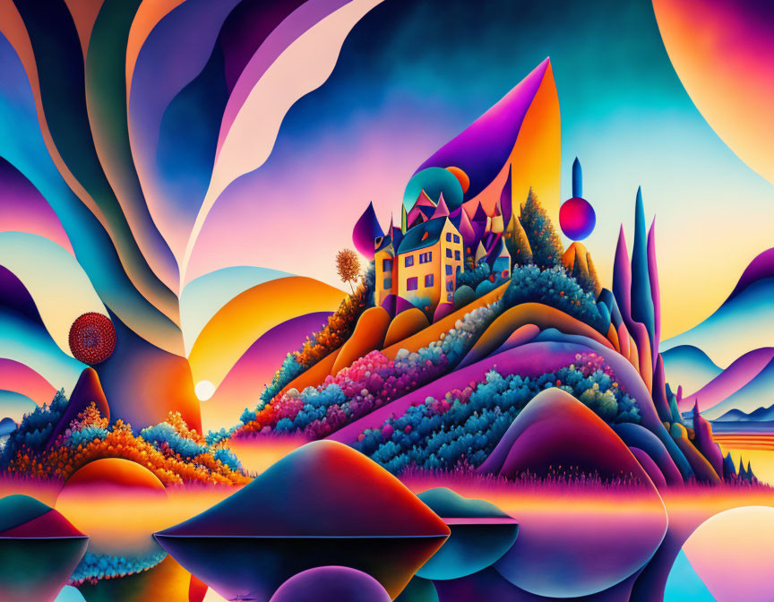 Colorful surreal landscape with rolling hills, whimsical house, and abstract shapes