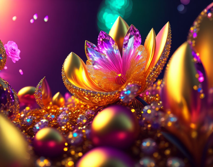 Colorful Digital Lotus Flower with Purple and Gold Petals