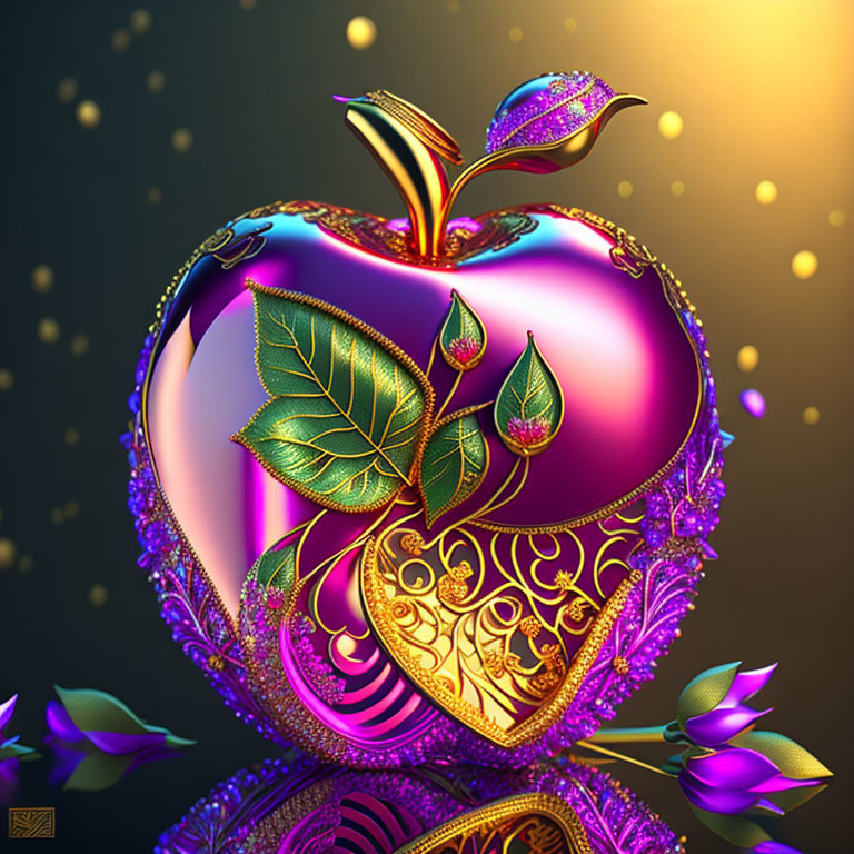 Digital Art: Vibrant Red Apple with Golden Filigree and Purple Embellishments