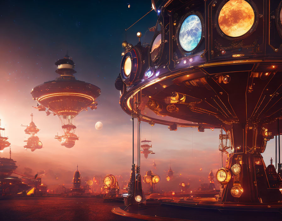 Steampunk cityscape at dusk with floating structures and celestial bodies.