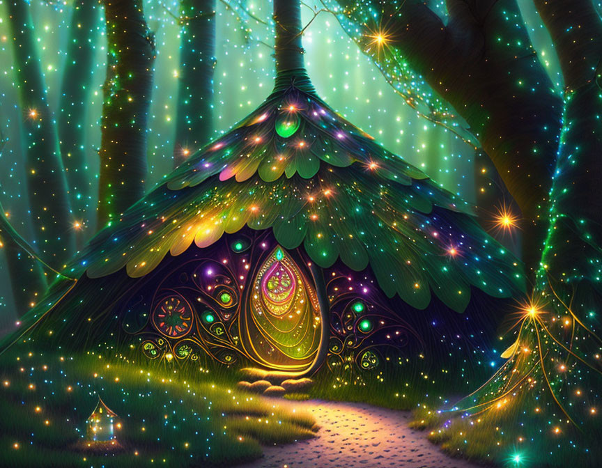 Enchanting forest scene with glowing tent and starlit path