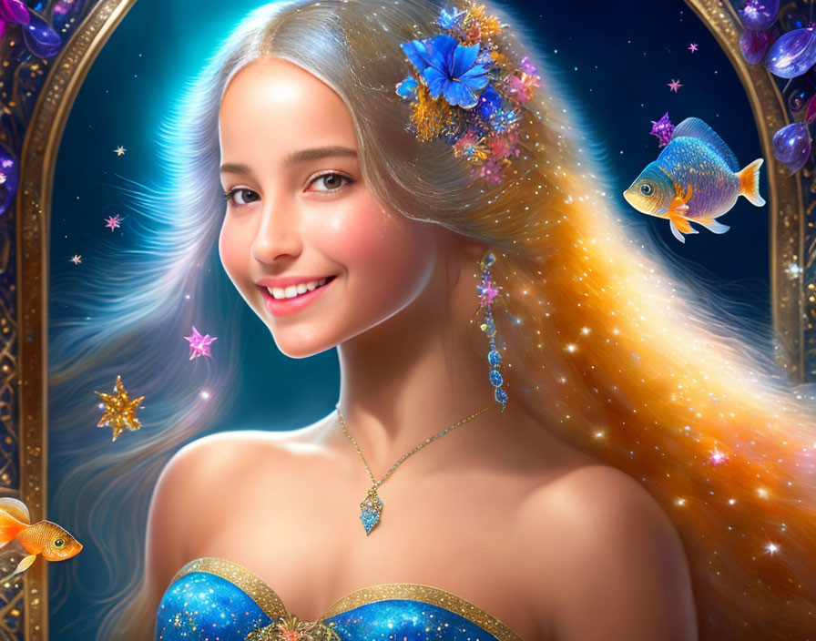 Radiant woman in blue attire with silver hair and golden frame, surrounded by stars and fish