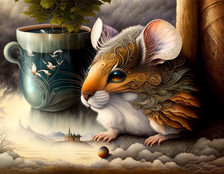 Fantastical artwork featuring stylized guinea pig, coffee cup with plant, and surreal landscape.