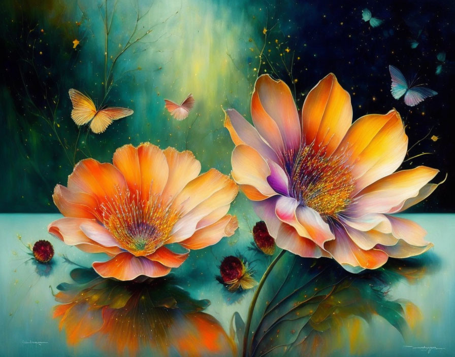 Colorful Floral Painting with Butterflies and Water Reflections