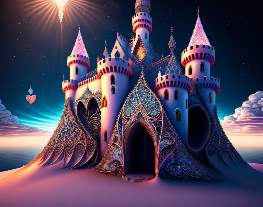 Whimsical castle with ornate towers under starry sky