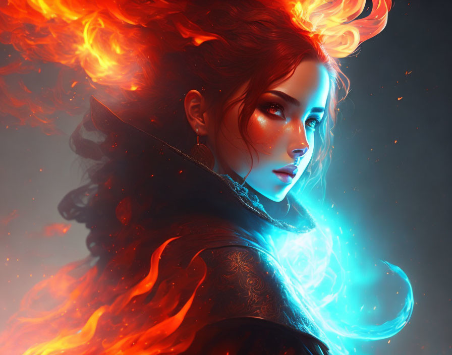 Digital artwork: Woman with fiery orange hair and blue mystical glow on dark background