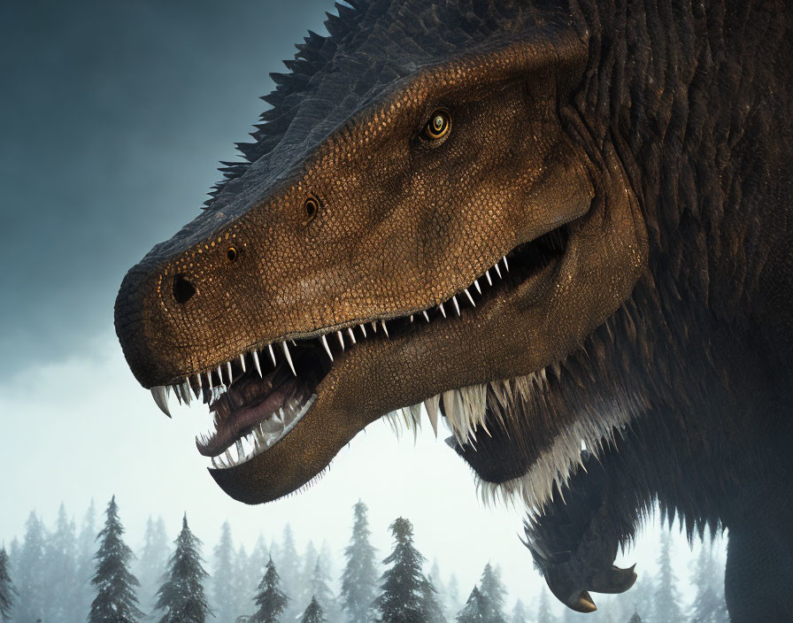 Detailed Tyrannosaurus rex head in open mouth against misty forest.