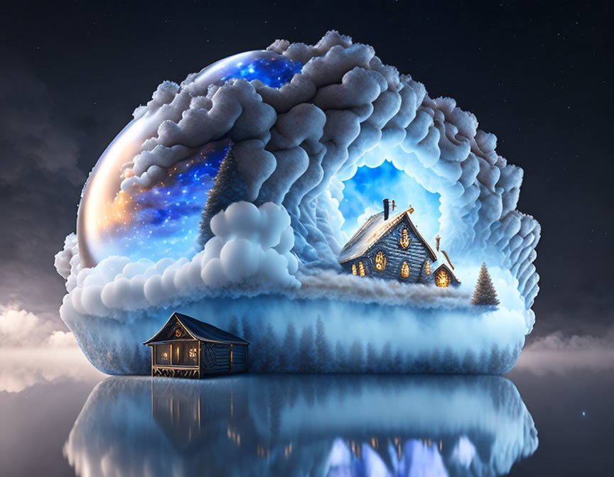 Snowy cabin night sky scene with fluffy clouds and tranquil reflection