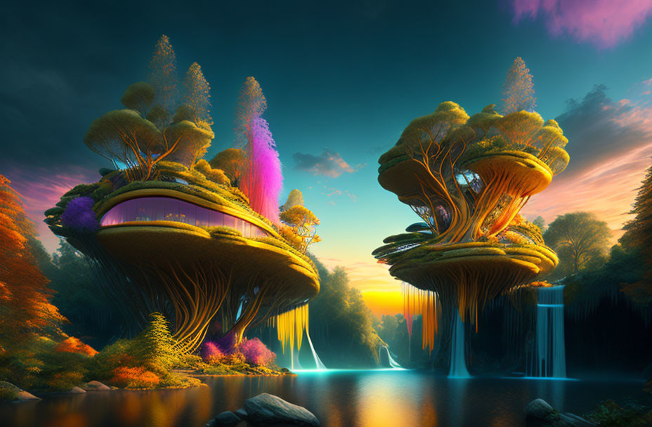 Fantasy landscape with tree-like structures and waterfalls under a sunset sky