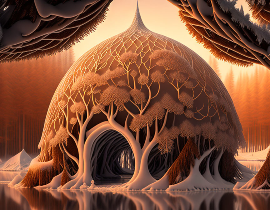 Dome-like Structure with Tree Silhouettes in Orange Forest