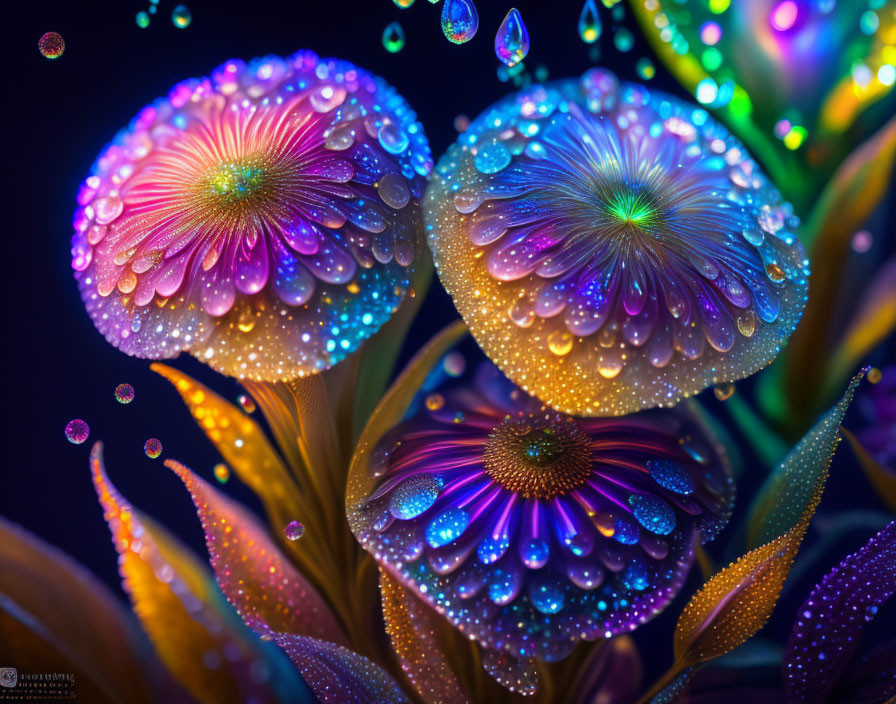 Colorful Glowing Fantasy Flowers with Water Droplets and Sparkling Leaves