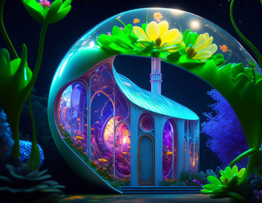 Fantastical illuminated greenhouse with oversized flowers at night