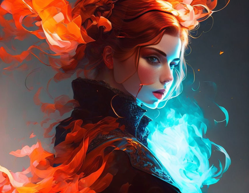 Vibrant digital artwork: Woman with red hair in fiery and cool blue ethereal setting