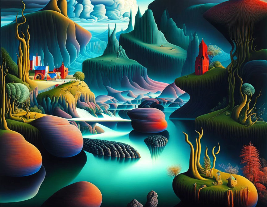 Colorful surreal landscape with whimsical trees and floating islands