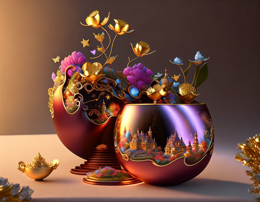 Purple vase with golden trim displays magical castle scene and celestial overflow