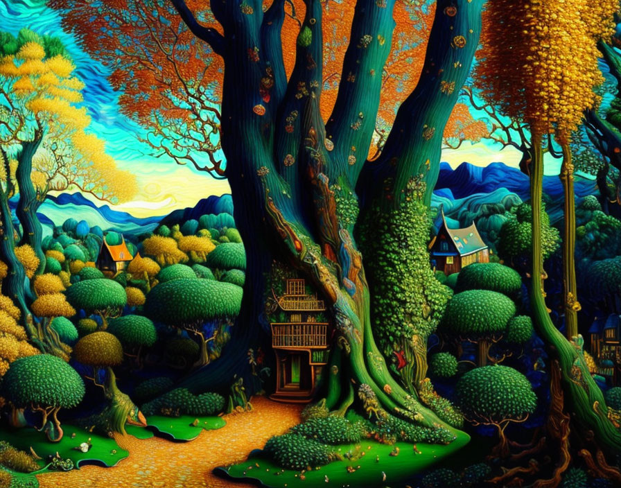 Colorful landscape with tree, treehouse, cottage, and rolling hills at twilight