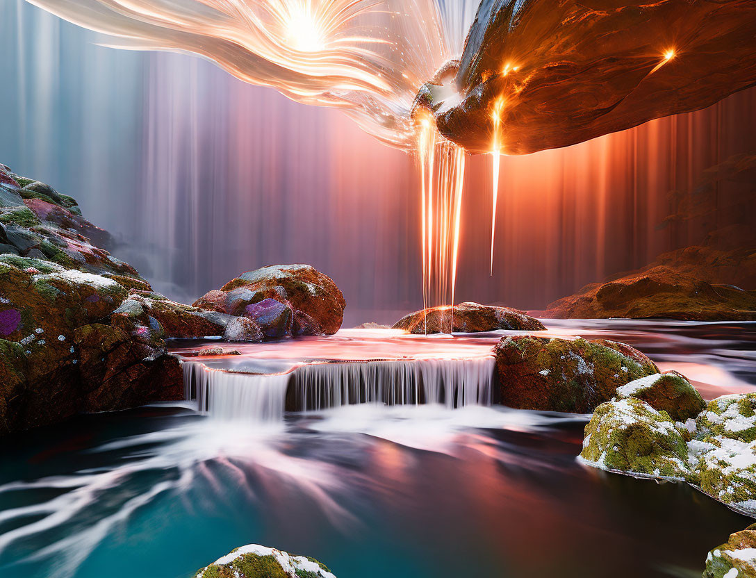 Glowing amber cave ceiling over serene waterfall