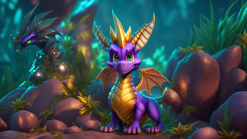 Purple Dragon with Golden Horns in Enchanted Forest Scene