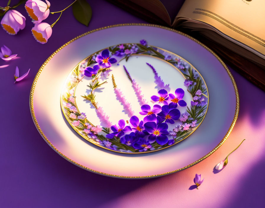 Floral Motif Decorative Plate on Purple Surface with Open Book and Petals