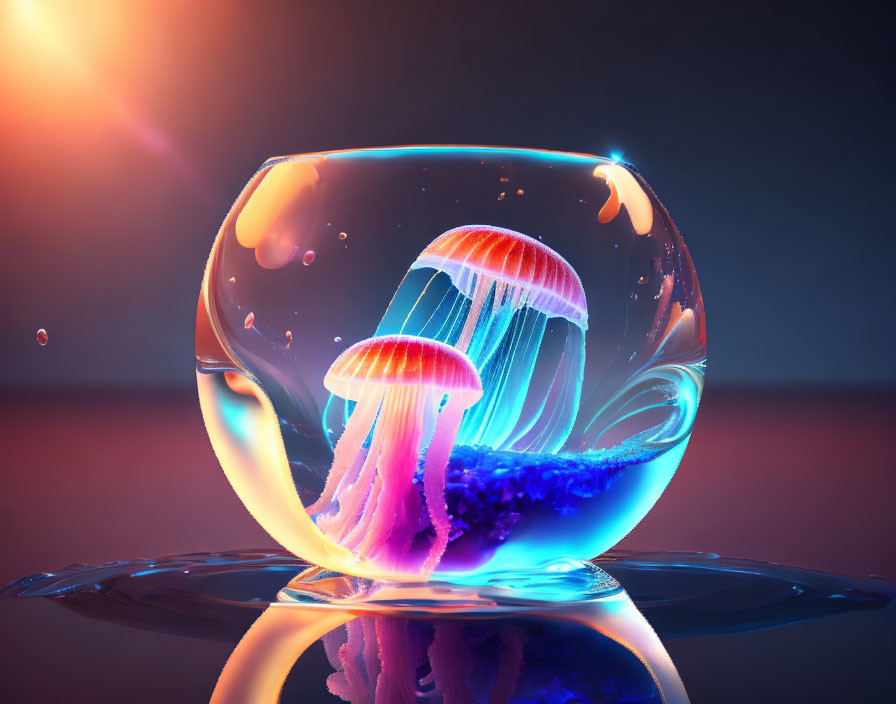 Neon-colored jellyfish in transparent bubble on reflective surface