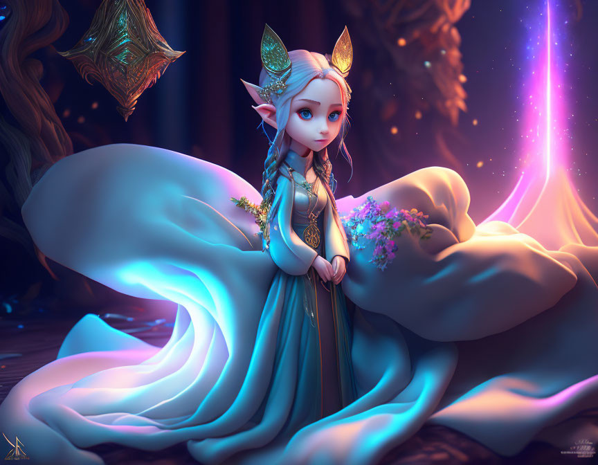 Ethereal animated elf in blue dress with flowers in mystical forest