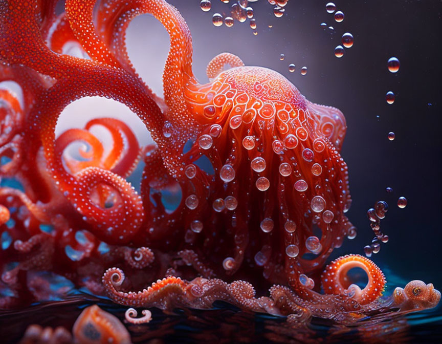 Vibrant red octopus with spread tentacles in dark blue underwater scene