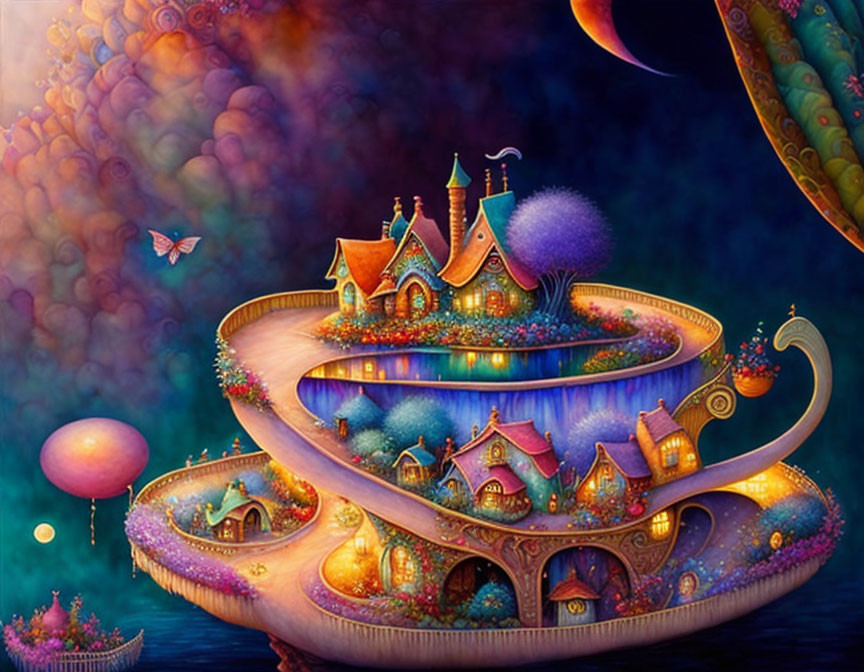 Colorful Fantasy Landscape with Spiraling Structure and Floating Islands