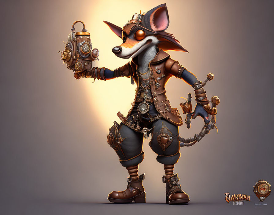 Steampunk anthropomorphic fox with lantern, mechanical tail, and goggles on gradient backdrop