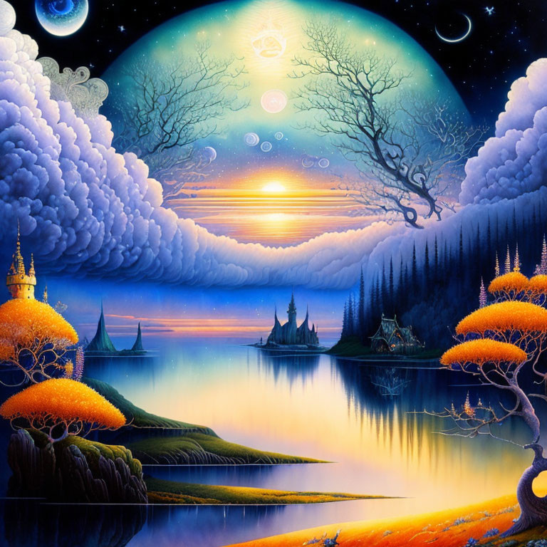 Fantasy landscape with oversized moon, colorful trees, castle, ships, reflective water, starry sky