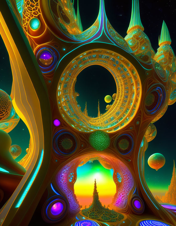 Surreal landscape with fractal architecture and glowing orbs